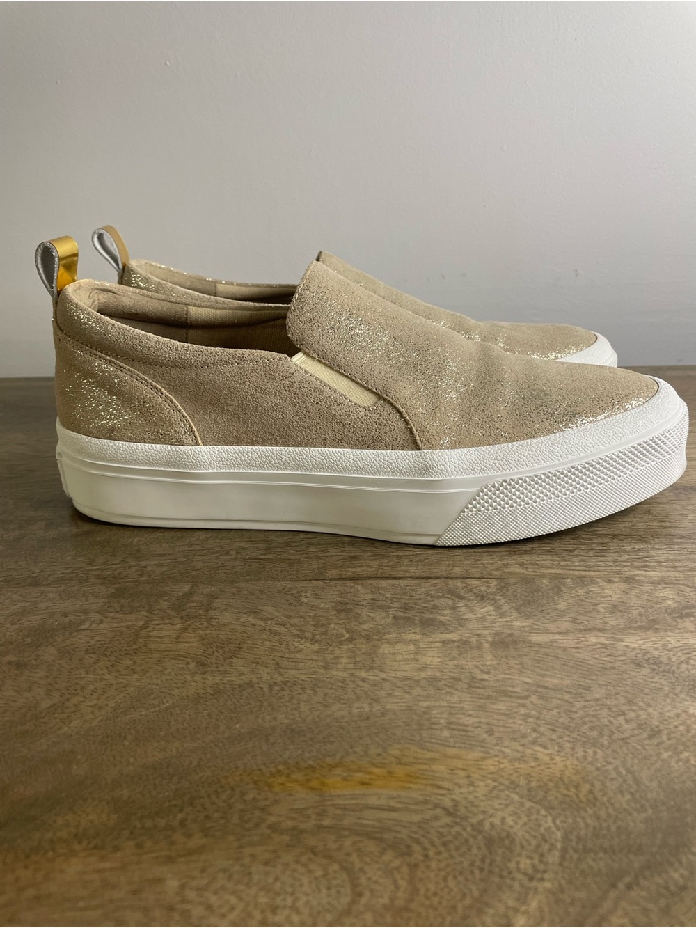 Shimmery Slip-On Platform Sneakers in Light Gold